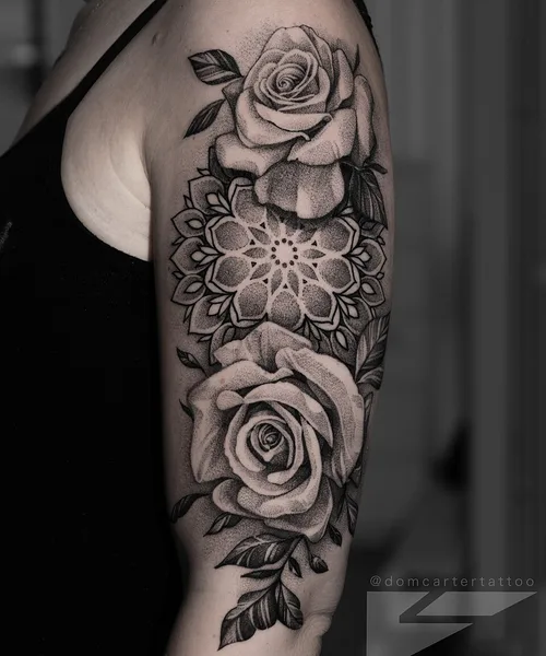 Single-needle rose and dotwork mandala by Lena Voss